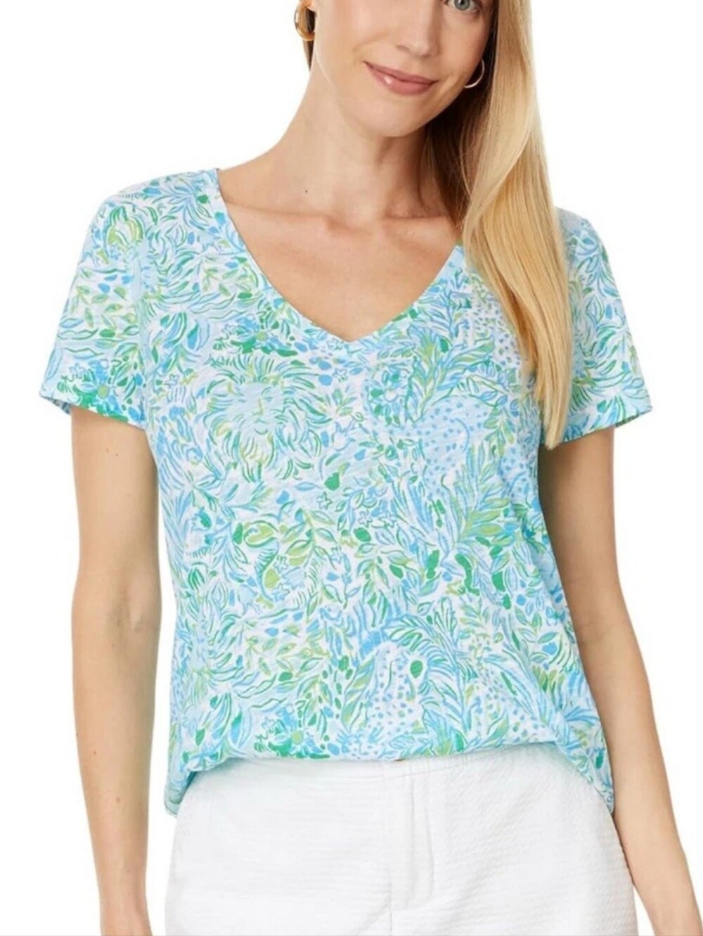 Lilly Pulitzer NEW Etta V-neck Cotton Hydra Blue Dandy Lions Knit Tee SZ Large
